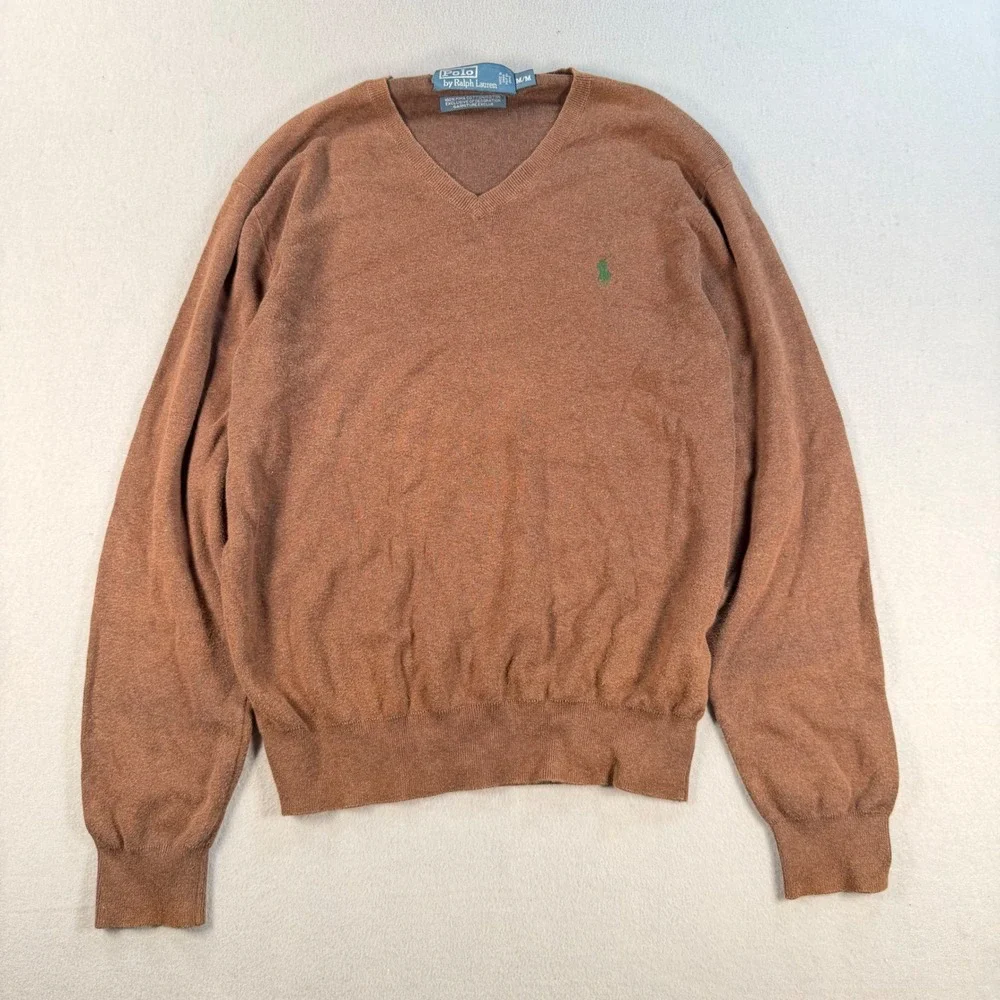 Polo Ralph Lauren Mens Medium Brown Pima Cotton V-Neck Sweater Green Pony Logo